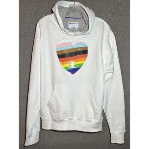 Champion Hoodie Unisex Size Medium White Beautiful Pride Heart Graphic Pullover